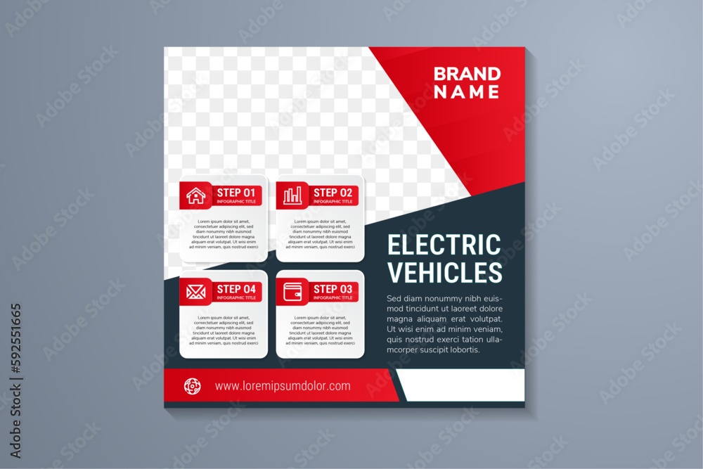 Editable square banner template. electric vehicles headline with dark grey background. Flat design vector with photo collage. red gradient elements Usable for social media, story and web internet ads.