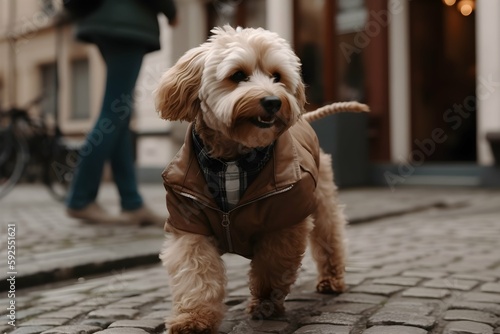 Small terrier in brown jacket