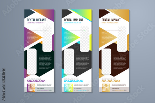 Dental implant care, dentist and tooth vertical banner with rectangle space for photo collage. purple, blue gold, and green gradient color elements. white background dental treatment concept
