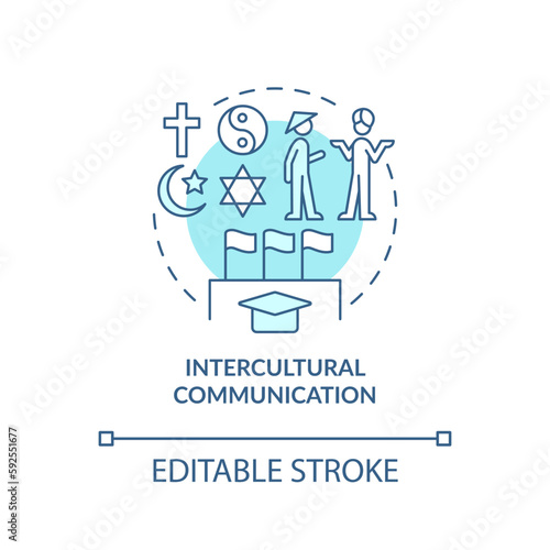 Intercultural communication turquoise concept icon. Cultural diversity abstract idea thin line illustration. Isolated outline drawing. Editable stroke. Arial, Myriad Pro-Bold fonts used