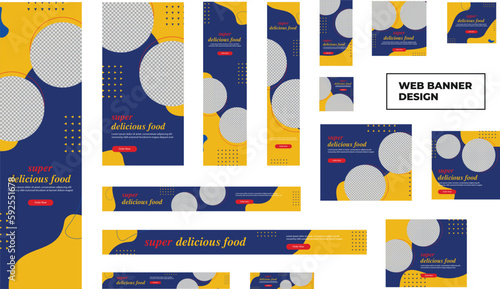 set of modern food web banners in standard size with a place for photos. Food ad banner cover header background for website design, Social media cover ads banner template.