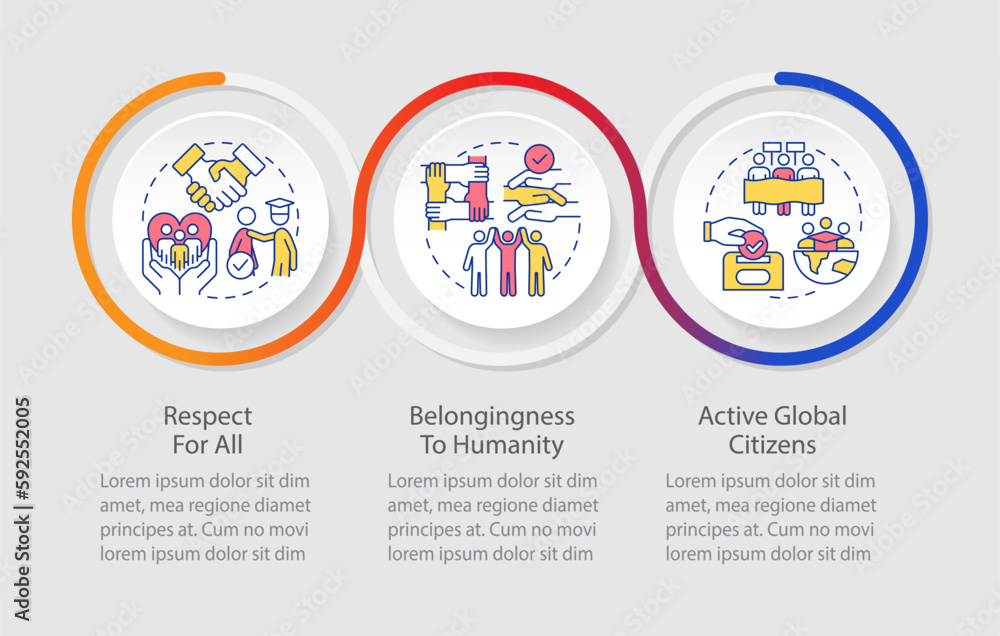 GCED aims loop infographic template. Global citizenship goals. Data visualization with 3 steps. Editable timeline info chart. Workflow layout with line icons. Myriad Pro-Regular font used