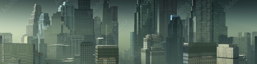Cityscape in the morning, skyscrapers in the rays of light, modern high-rise buildings in the morning, 3d rendering