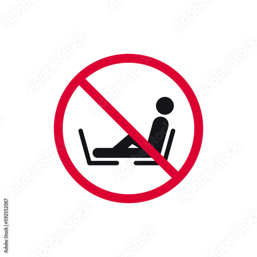 Do not put your feet on the seat prohibited sign, forbidden modern round sticker, vector illustration.