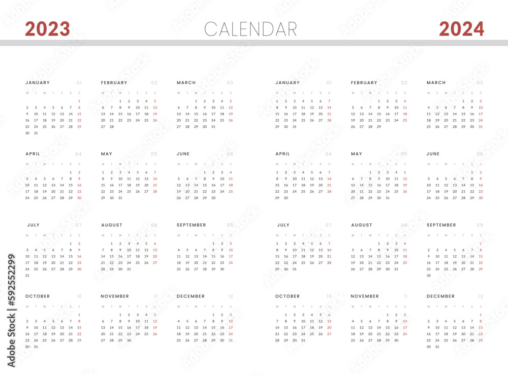 Set of 2024-2025 Annual Calendar template. Vector layout of a wall or desk simple calendar with week start monday. Set of 2024-2025 Annual Calendar template. Vector layout of a wall or desk simple calendar with week start monday.