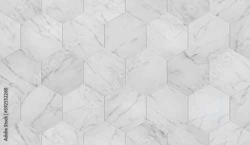 Light grey marble tile hexagonal mosaic textured empty wall. 