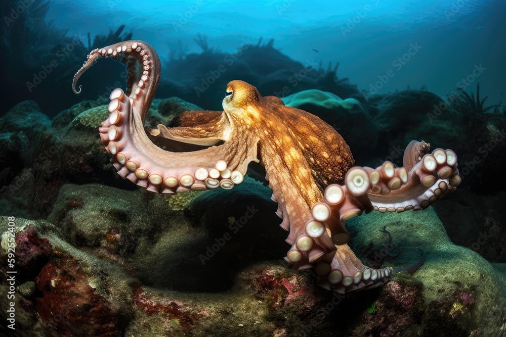 octopus kraken swimming in rich, underwater ecosystem, created with