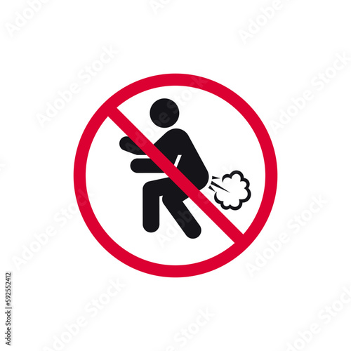 No farting prohibited sign, no fart forbidden modern round sticker, vector illustration.