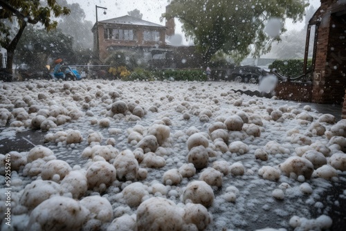 hailstorm of the century, with damaging winds and massive hail stones destroying everything in sight, created with generative ai