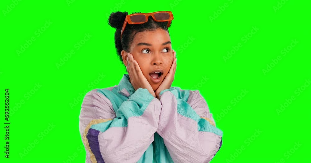 Shock, woman and surprise face with green screen and wtf from news and announcement. Wow, emoji and portrait of female with surprised gossip and shocking information in studio with retro fashion Shock, woman and surprise face with green screen and wtf from news and announcement. Wow, emoji and portrait of female with surprised gossip and shocking information in studio with retro fashion