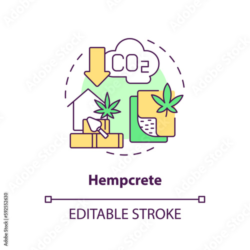Hempcrete concept icon. Biocomposite material. Plant based. Industrial hemp construction idea thin line illustration. Isolated outline drawing. Editable stroke. Arial, Myriad Pro-Bold fonts used