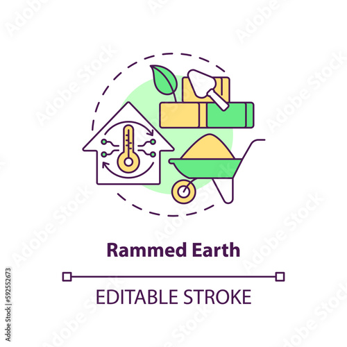 Rammed earth concept icon. Sustainable building material. Eco efficient construction idea thin line illustration. Isolated outline drawing. Editable stroke. Arial, Myriad Pro-Bold fonts used