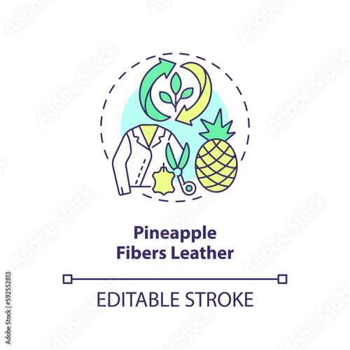 Pineapple fibers leather concept icon. Pina fabric. Vegan clothing. Plant based material idea thin line illustration. Isolated outline drawing. Editable stroke. Arial, Myriad Pro-Bold fonts used