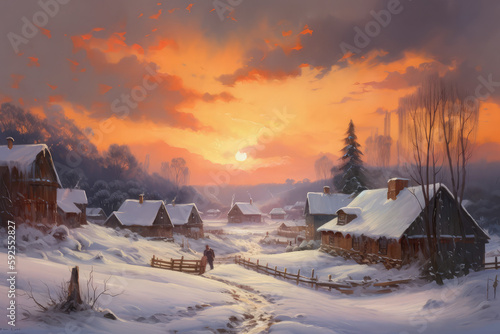 winter christmas evening in the village painting, generative AI © Kien