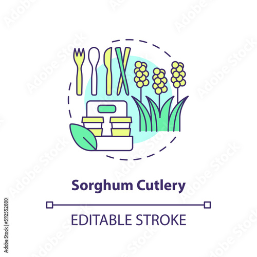 Sorghum cutlery concept icon. Sustainable alternative to plastic. Edible spoons idea thin line illustration. Isolated outline drawing. Editable stroke. Arial, Myriad Pro-Bold fonts used