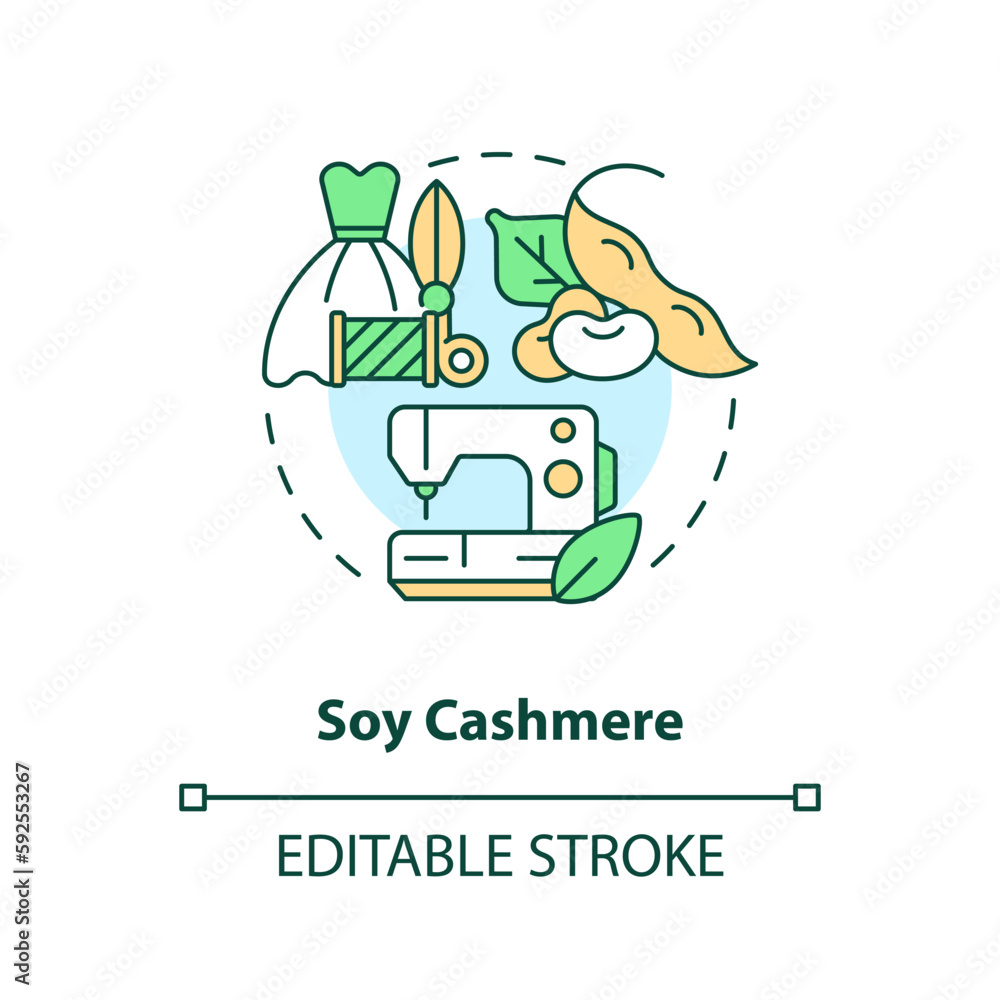 Soy cashmere concept icon. Vegan friendly. Biodegradable product. Soybean fabric idea thin line illustration. Isolated outline drawing. Editable stroke. Arial, Myriad Pro-Bold fonts used