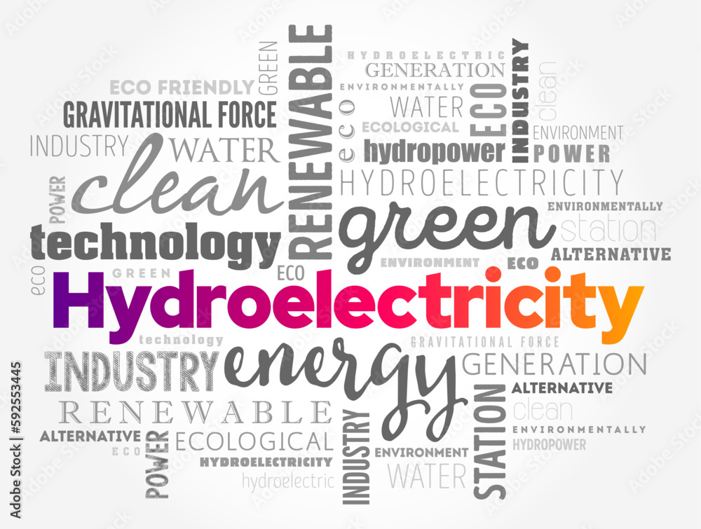Hydroelectricity is electricity generated from hydropower, word cloud concept background