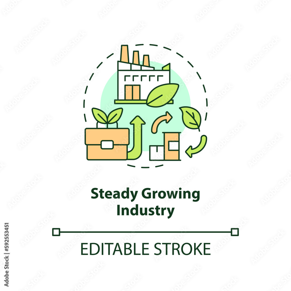 Steady growing industry concept icon. Bio based materials future. Ecological economics idea thin line illustration. Isolated outline drawing. Editable stroke. Arial, Myriad Pro-Bold fonts used