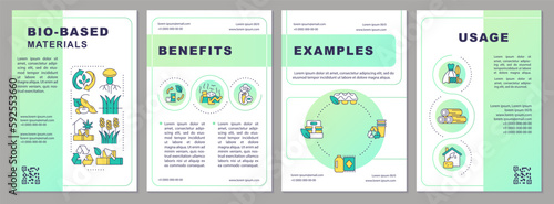 Bio based materials green gradient brochure template. Bio economy. Leaflet design with linear icons. Editable 4 vector layouts for presentation, annual reports. Arial, Myriad Pro-Regular fonts used