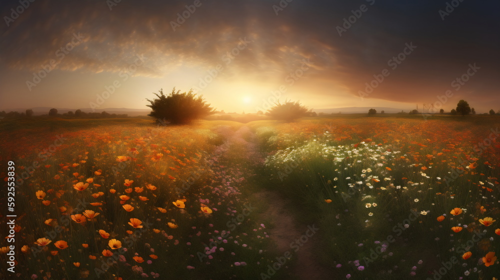 golden morning in the flower fields: a realistic view of blooming flowers in a picturesque landscape, captured with a macro lens and soft light. generative ai