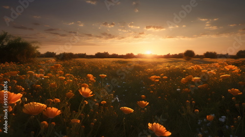 golden morning in the flower fields  a realistic view of blooming flowers in a picturesque landscape  captured with a macro lens and soft light. generative ai