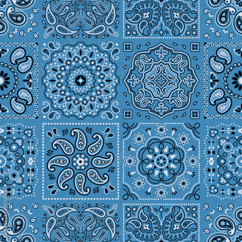 Blue Paisley fabric tiles patchwork wallpaper vintage vector seamless pattern