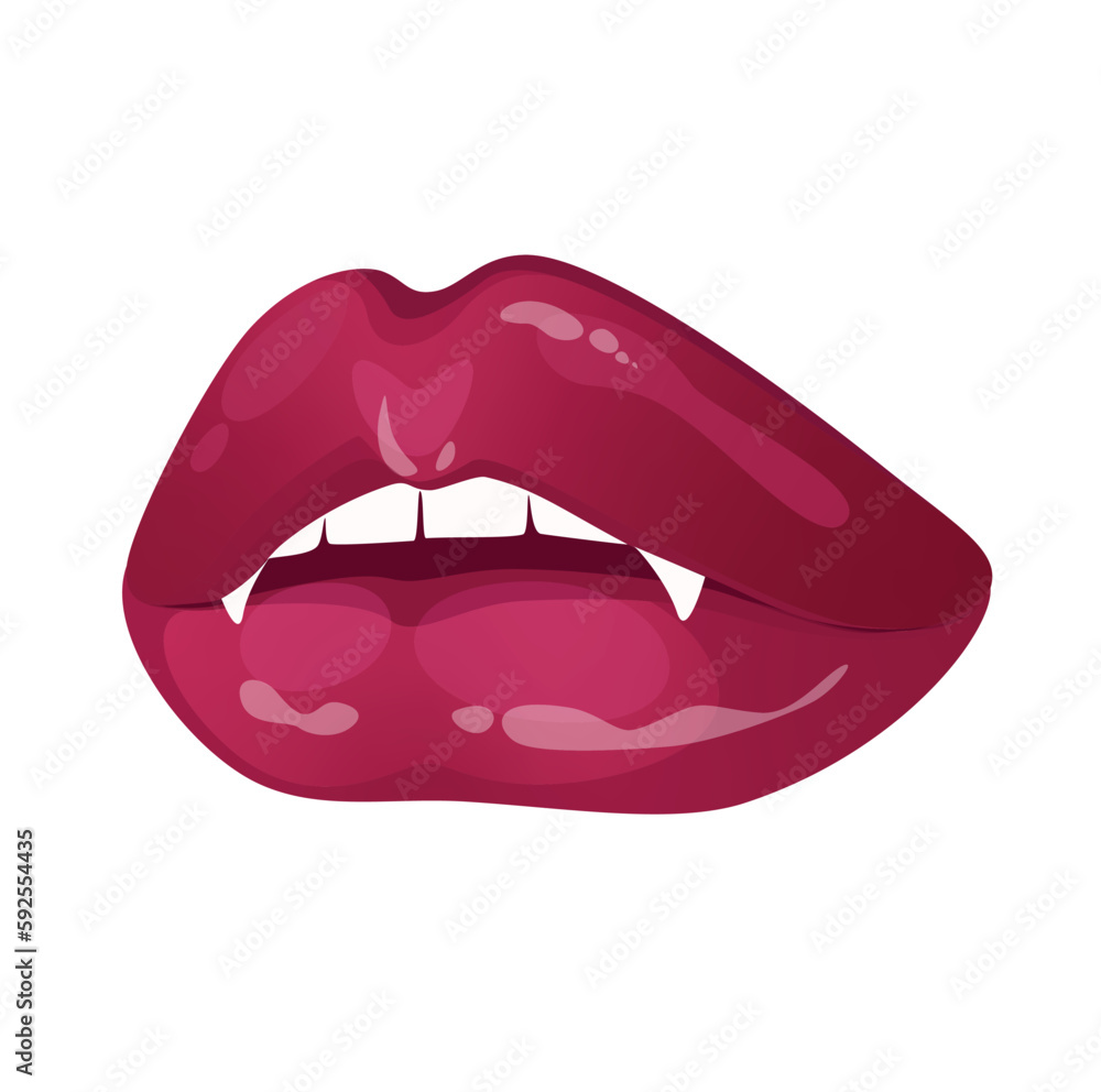 Concept Sexy lips. This flat vector illustration features a pair of sexy lips with vampire teeth, designed in a cartoon-like style. Vector illustration.