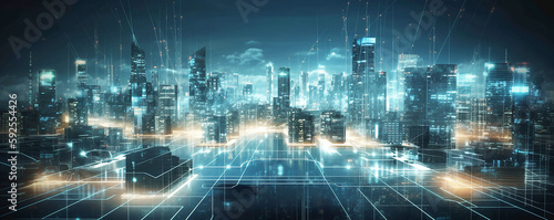 Future cyber technology city , 5G Smart city. Digital transformation, cityscape and communication network concept, internet and global connection, Generative AI 