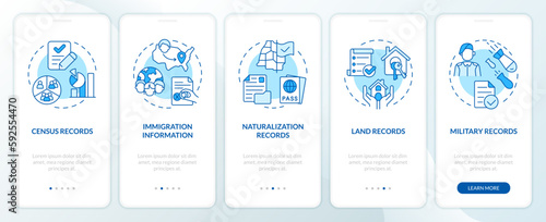 Family research records blue onboarding mobile app screen. Walkthrough 5 steps editable graphic instructions with linear concepts. UI, UX, GUI template. Myriad Pro-Bold, Regular fonts used