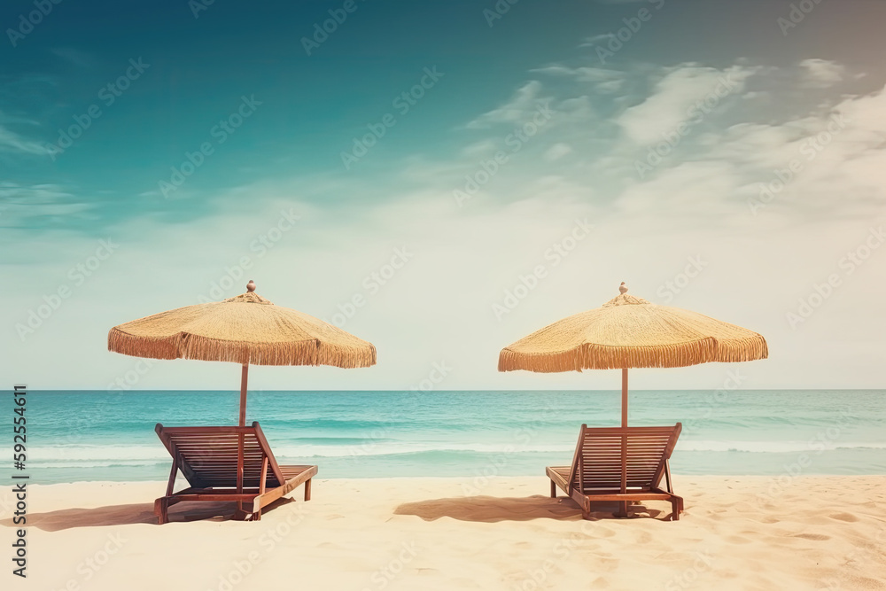 Lounger and parasol on the beach with sea background. Gener