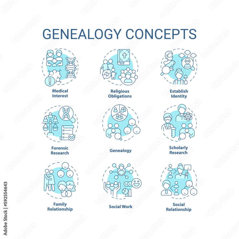 Genealogy blue concept icons set. Family roots. Genetic disorders. Inheritance idea thin line color illustrations. Isolated symbols. Editable stroke. Roboto-Medium, Myriad Pro-Bold fonts used