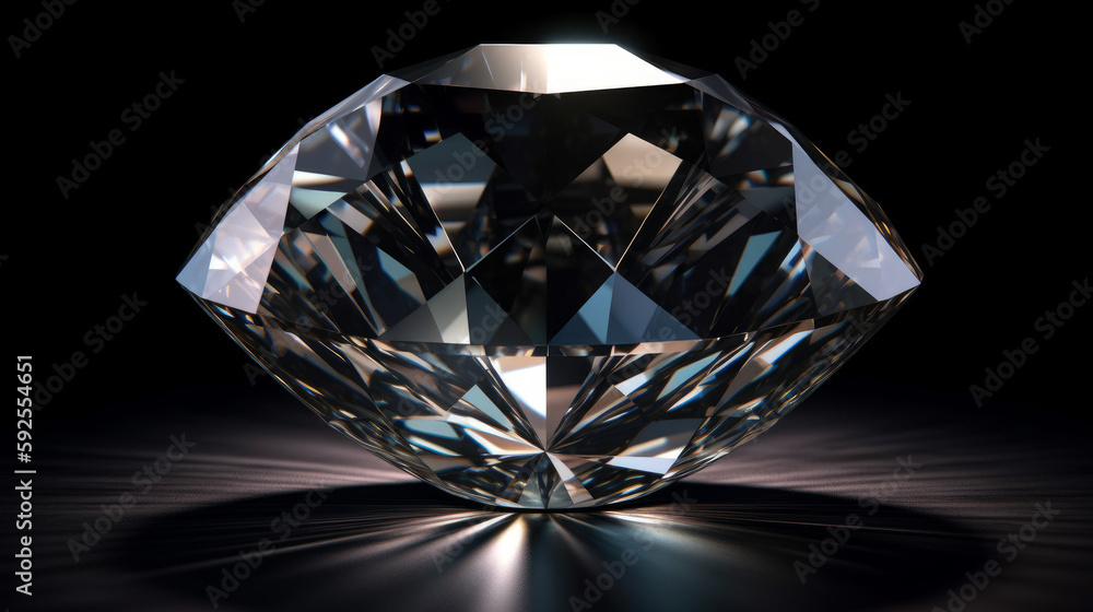 3D rendering illustration. Round cut diamond on black dark glossy background. AI generated 3D rendering illustration. Round cut diamond on black dark glossy background. AI generated