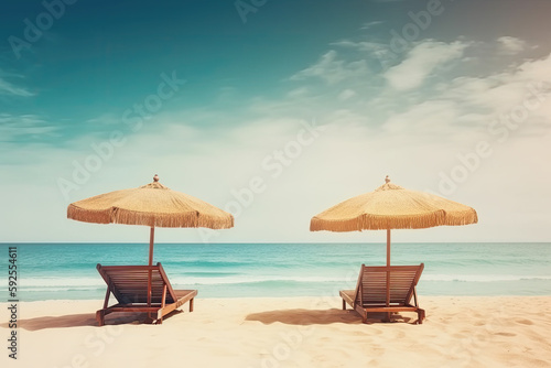 Lounger and parasol on the beach with sea background. Gener © chandlervid85