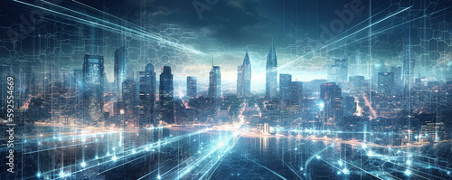 Future cyber technology  city , 5G  Smart city. Digital transformation, cityscape and communication network concept, internet and global connection, Generative AI  © ruslee