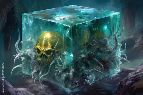 gelatinous cube with a skull inside, rpg quest, monster, Generative AI photo