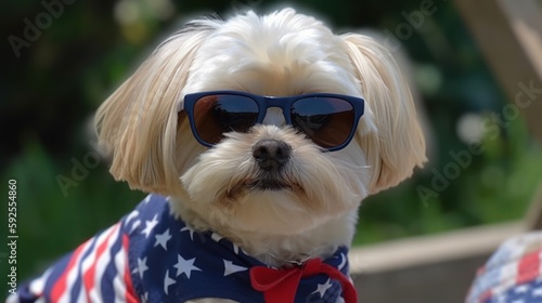  Stars, Stripes, and Style: Dog in a USA Flag Dress and Heart-Shaped Glasses for a Patriotic Look Generative Ai