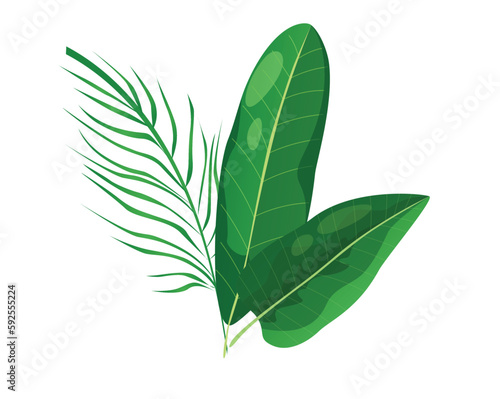 Concept Flora plant flower branch leaf. This flat vector design features a lush green plant brunch with vibrant green leaves, all depicted in a whimsical cartoon style. Vector illustration.
