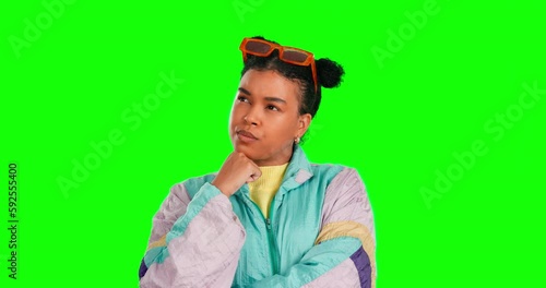 Green screen face, idea and thinking woman contemplating choice, problem solving or fashion solution. Female, chroma key or head scratch for style, trendy outfit or brainstorming on studio background photo
