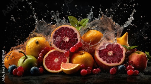 Mixed fruit with splashing water generated with AI