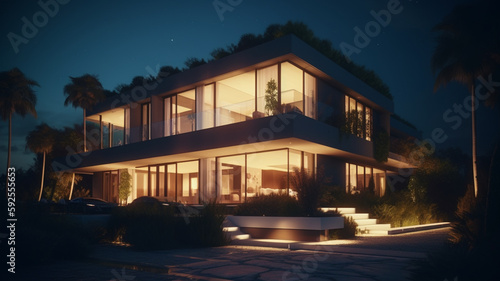 The concept of a modern house with a flat roof and panoramic windows surrounded by nature. 3D visualization