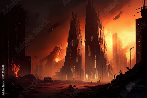 postapocalyptic cityscape with shattered skyscrapers and burning fires, created with generative ai photo