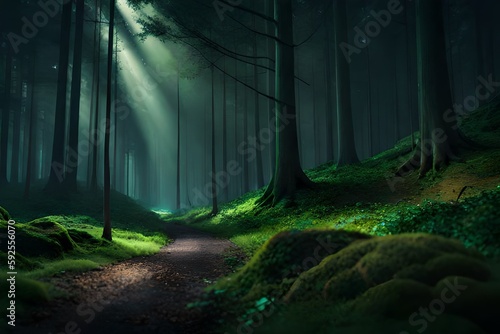 forest with a path that has the sun shining through it  generate Ai