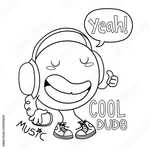 Illustration of in black and white an emoticon listening to music with headphones, coloring page