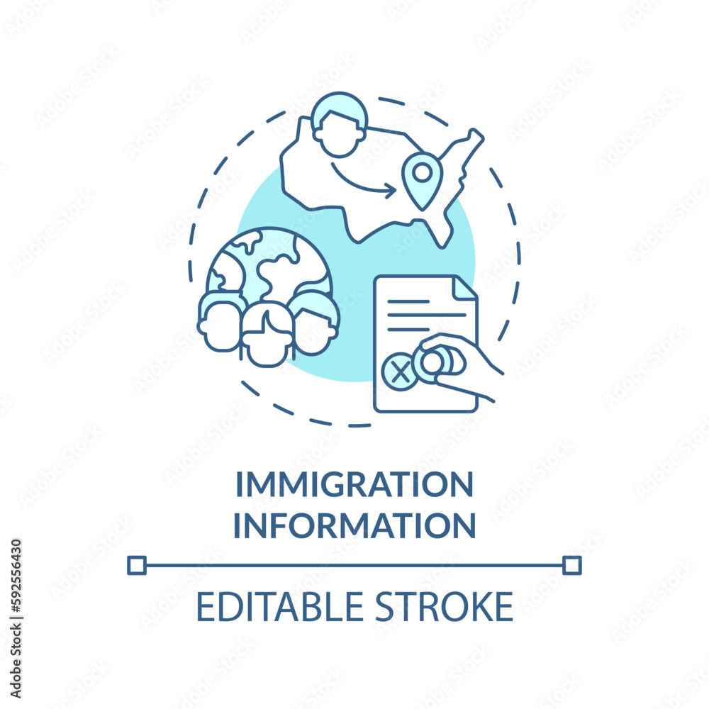 Immigration information blue concept icon. Movement data. Family research record abstract idea thin line illustration. Isolated outline drawing. Editable stroke. Arial, Myriad Pro-Bold fonts used Immigration information blue concept icon. Movement data. Family research record abstract idea thin line illustration. Isolated outline drawing. Editable stroke. Arial, Myriad Pro-Bold fonts used