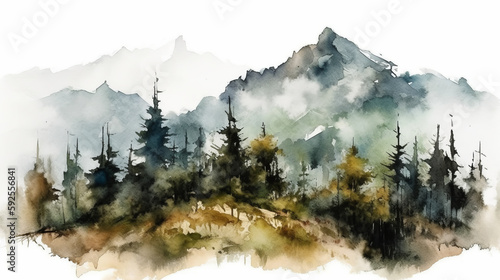 Watercolor painting of a mountains and pine tree. Al generated © ArtStage