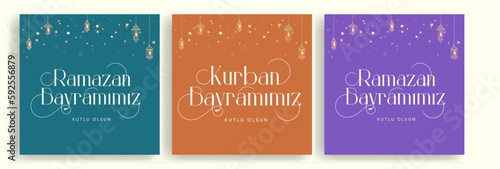 Holy Month of Muslim Community Ramadan Kareem, Feast of the Sacrifice greeting card, social media template, poster.(Turkish translation: Ramazan Bayramınız kutlu olsun. Kurban Bayramınız kutlu olsun.)
