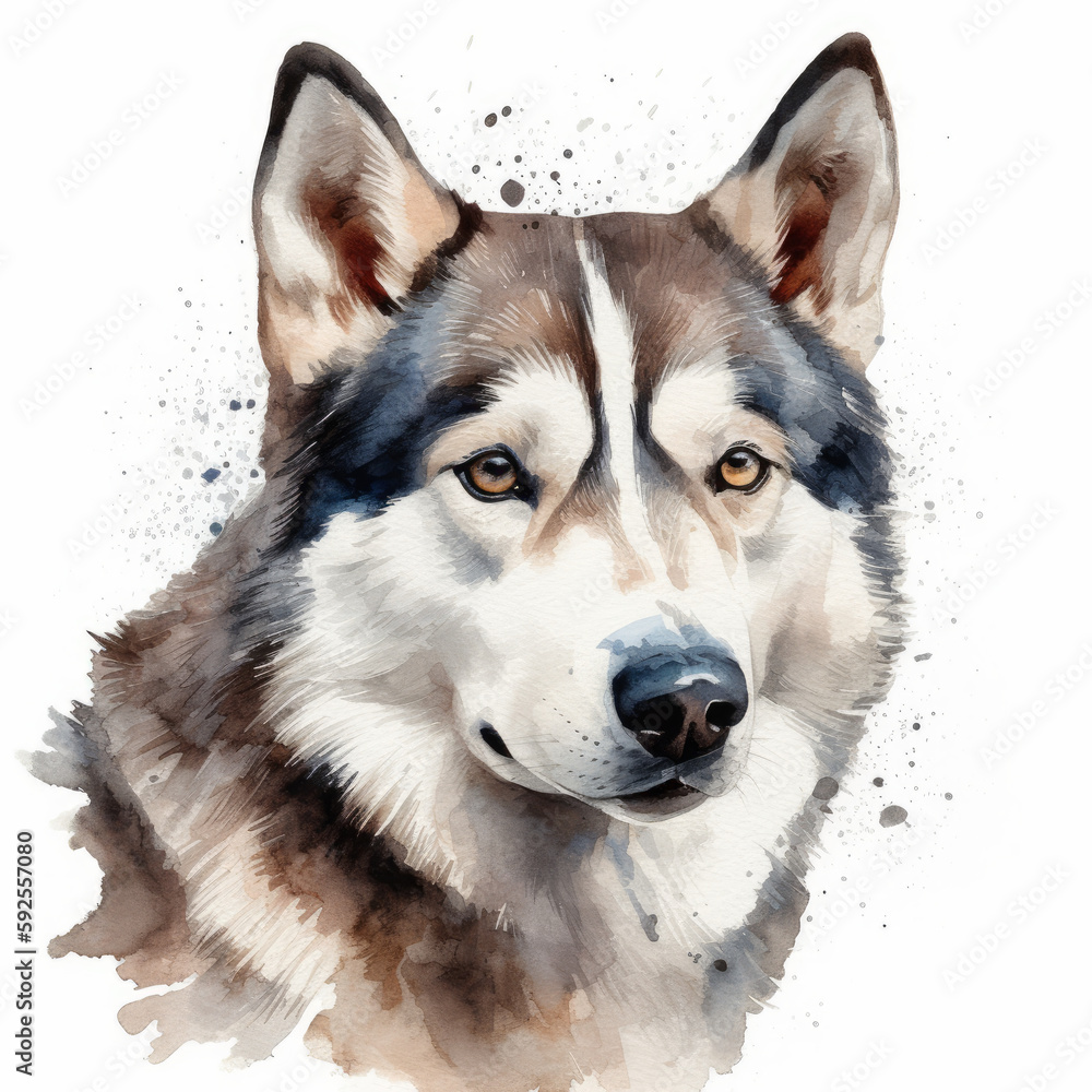 Fototapeta premium Watercolor painting of a Siberian Husky on white background. Al generated