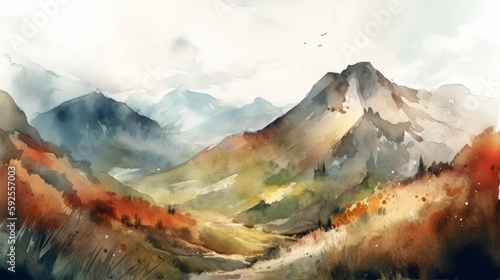 Watercolor painting of a mountains and pine tree. Al generated