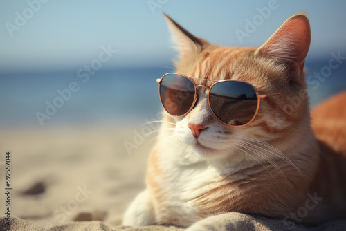 Cat with Sunglasses relaxing on the Beach, generative AI