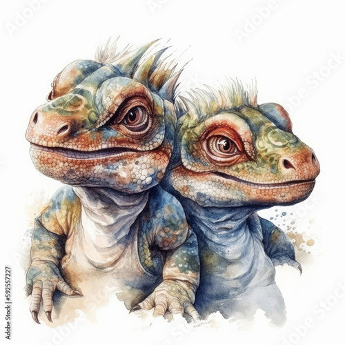 Watercolor painting of a two cute baby love dinosaur on white background. Al generated